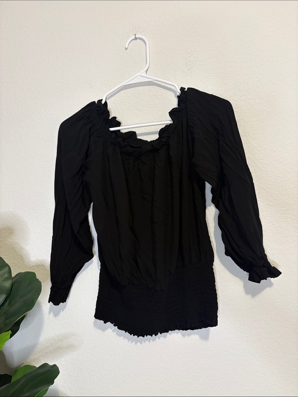 Black Smocked Peasant Blouse - Women's Long Sleeve Kate KASIN size small